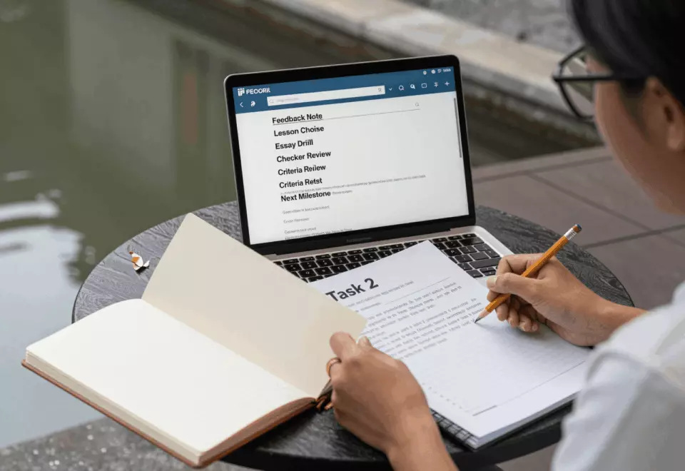 an Indonesian woman in her late 20s choosing the next IELTS prep step online