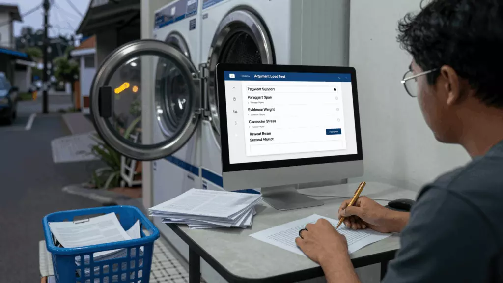 an Indonesian woman in her late 20s reviewing an IELTS online course workflow