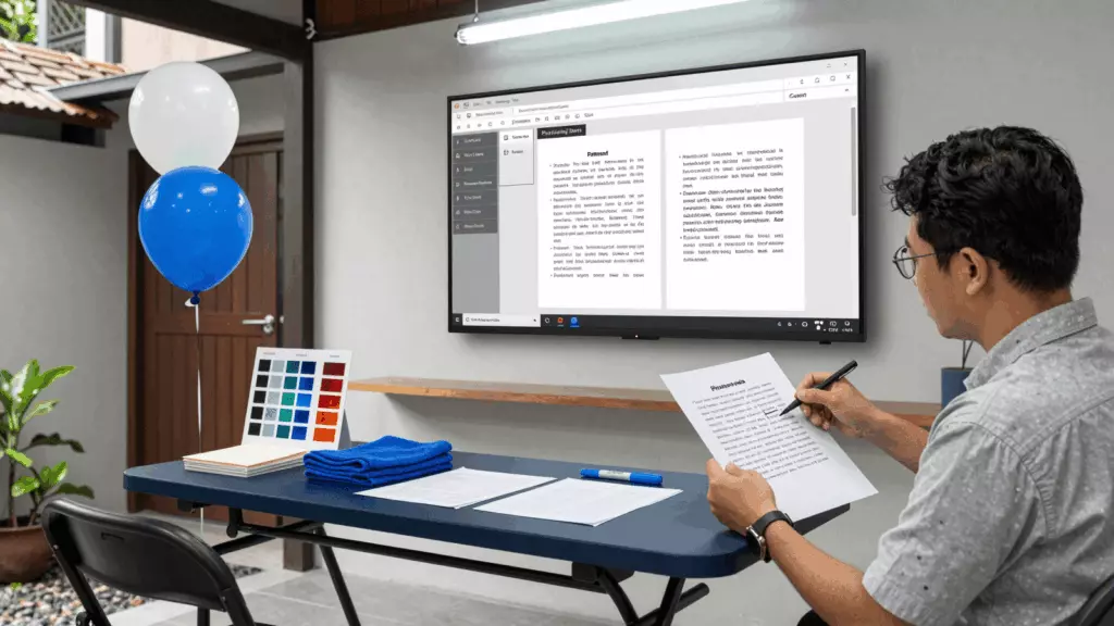 an Indonesian woman in her late 20s reviewing an IELTS online course workflow