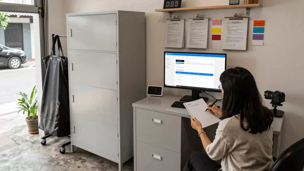 an Indonesian woman in her late 20s reviewing an IELTS online course workflow