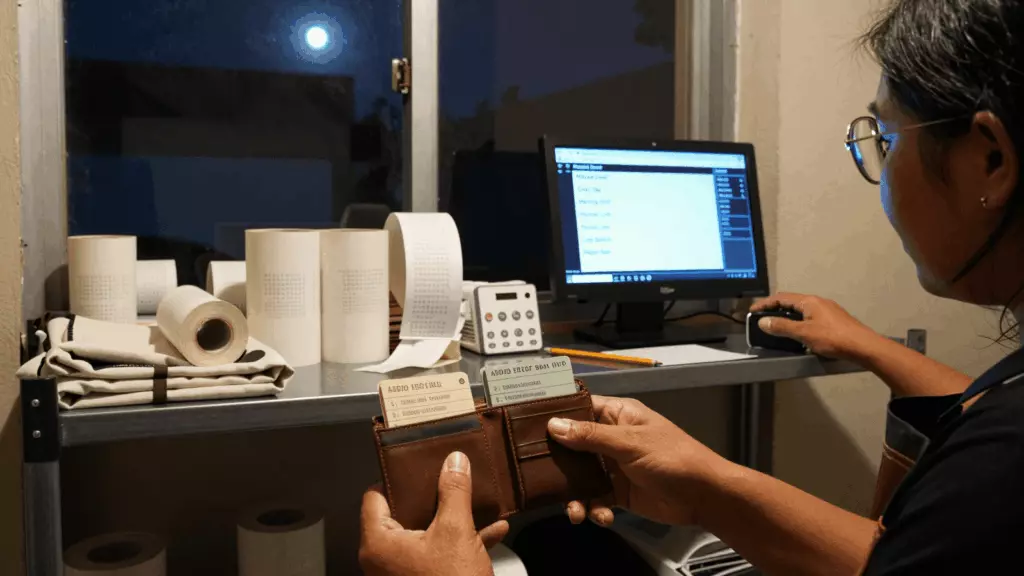an Indonesian woman in her late 20s reviewing an IELTS online course workflow