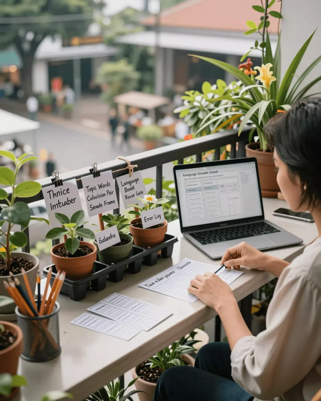 an Indonesian woman in her late 20s preparing online for Tata Bahasa dan Kosakata IELTS untuk Kelompok Tingkat Tinggi: Apa yang Harus Dipelajari Terlebih Dahulu