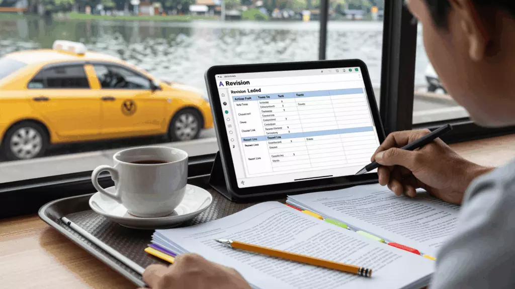 an Indonesian woman in her late 20s reviewing an IELTS online course workflow