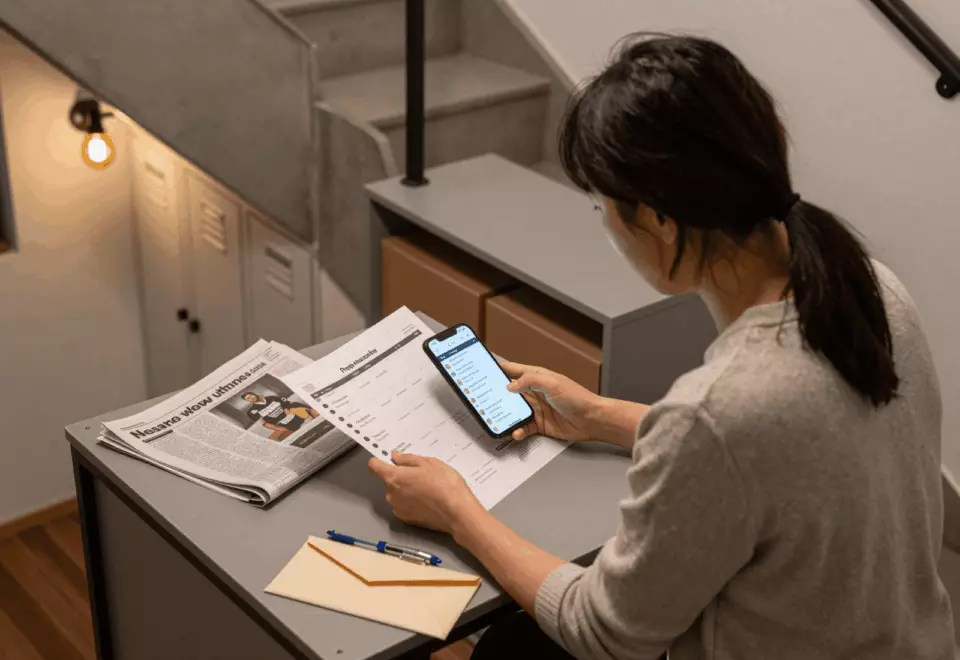 a Korean woman in her late 20s choosing the next IELTS prep step online
