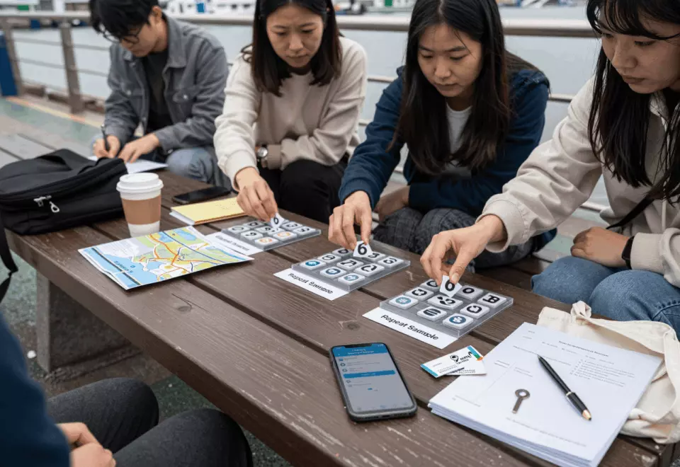 a Korean woman in her late 20s choosing the next IELTS prep step online