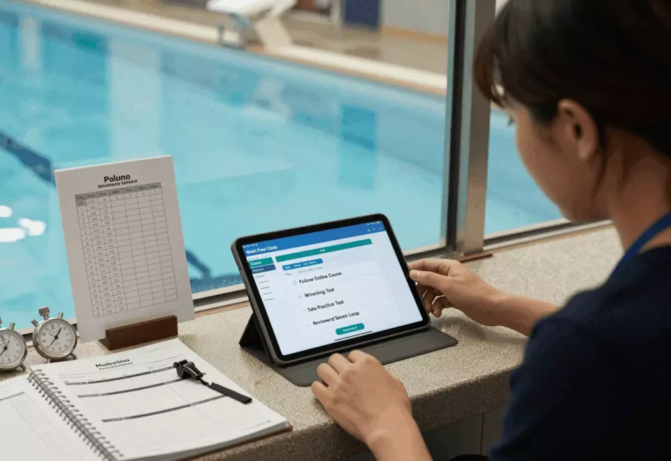 a Korean woman in her late 20s choosing the next IELTS prep step online