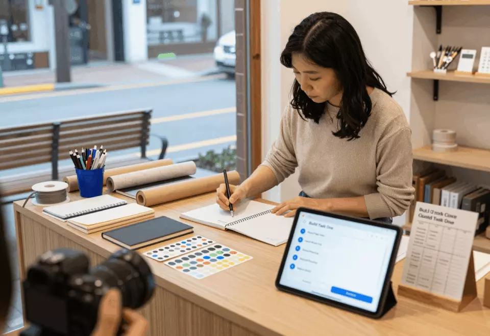 a Korean woman in her late 20s choosing the next IELTS prep step online