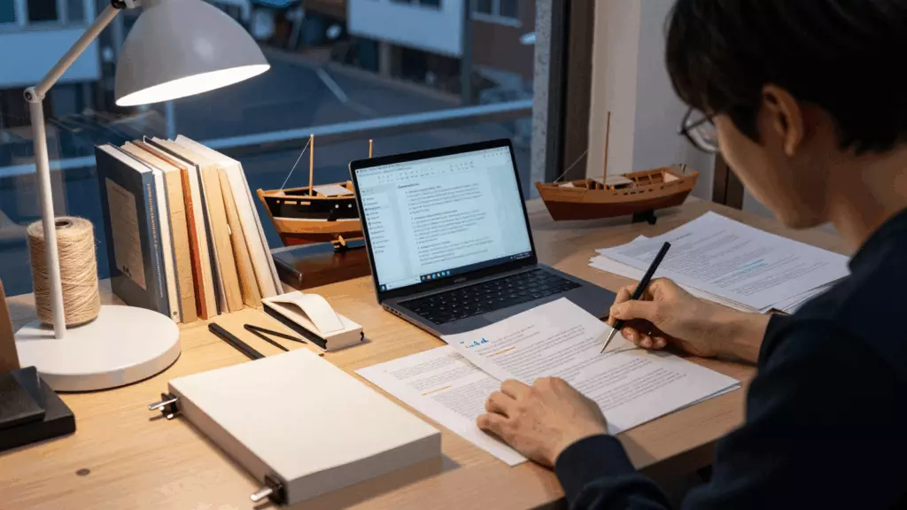 a Korean woman in her late 20s reviewing an IELTS online course workflow