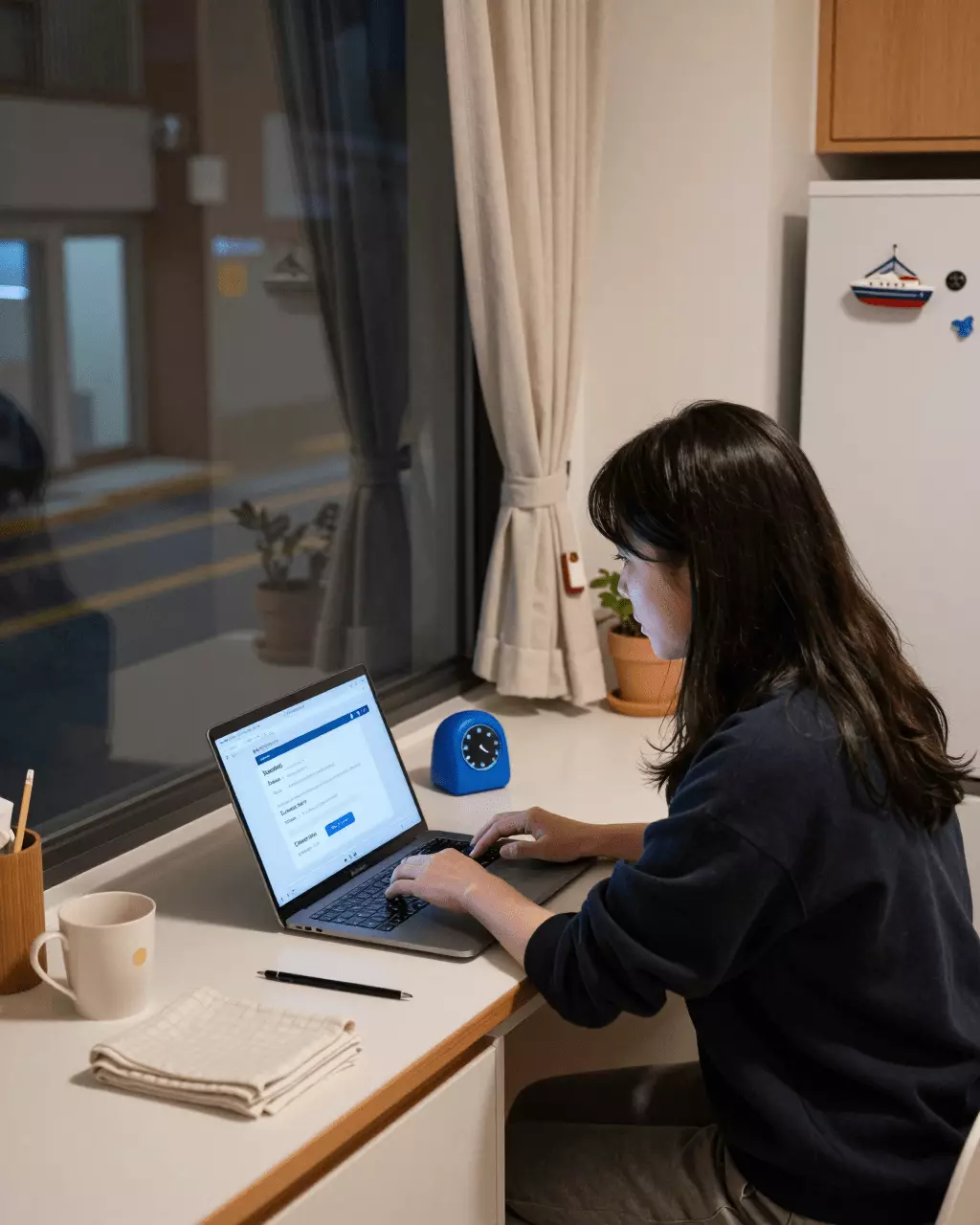 a Korean woman in her late 20s preparing online for IELTS 온라인 연습 시험: 모의 시험, 점수 및 시험 준비
