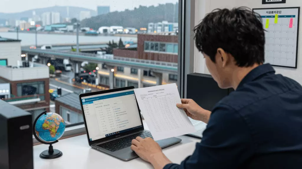 a Korean woman in her late 20s reviewing an IELTS online course workflow