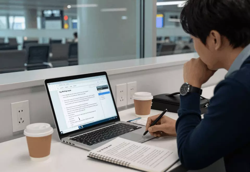 a Korean woman in her late 20s choosing the next IELTS prep step online