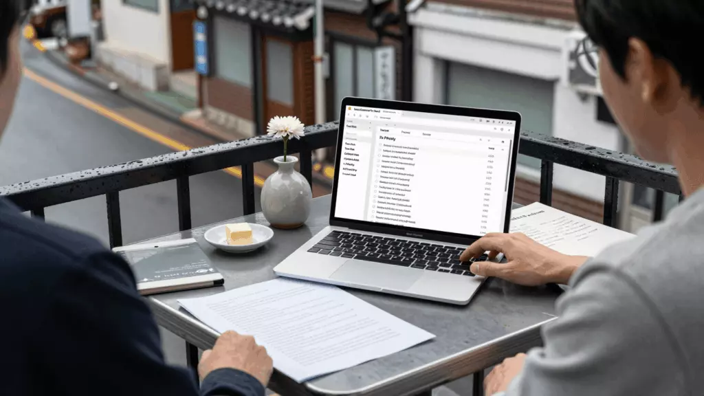 a Korean woman in her late 20s reviewing an IELTS online course workflow