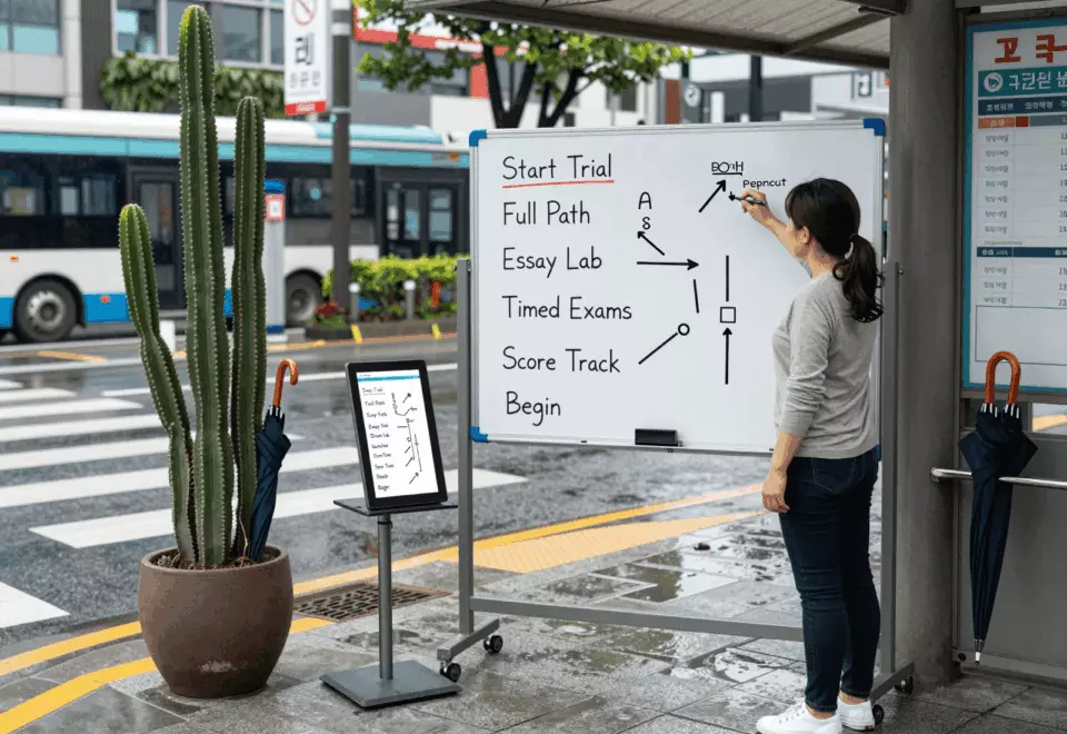 a Korean woman in her late 20s choosing the next IELTS prep step online