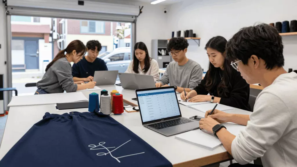 a Korean woman in her late 20s reviewing an IELTS online course workflow