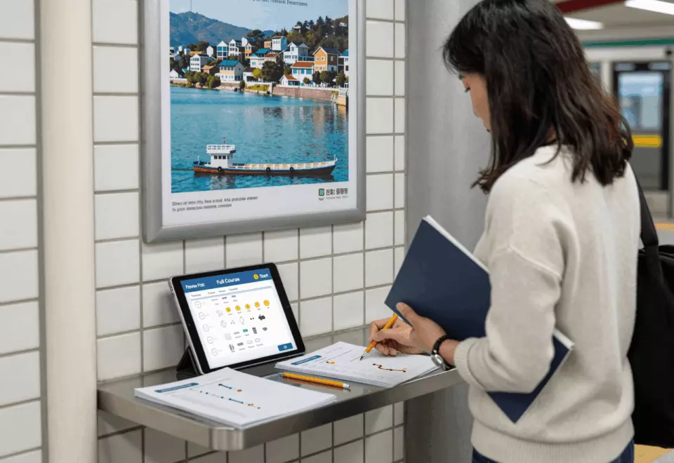 a Korean woman in her late 20s choosing the next IELTS prep step online