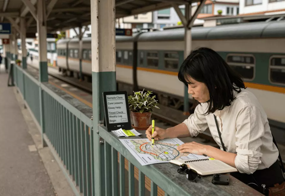 a Korean woman in her late 20s choosing the next IELTS prep step online