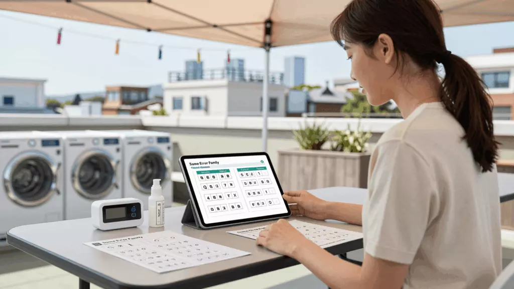 a Korean woman in her late 20s working through 연습