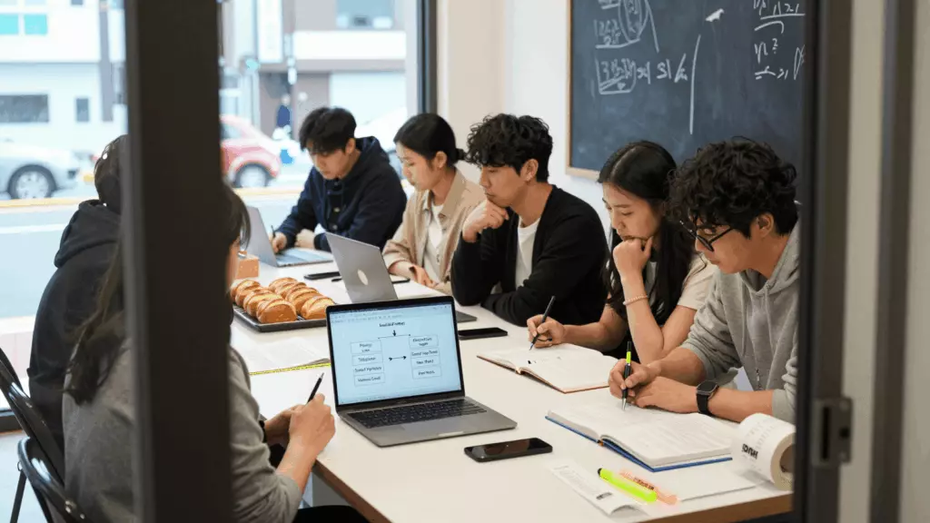 a Korean woman in her late 20s reviewing an IELTS online course workflow