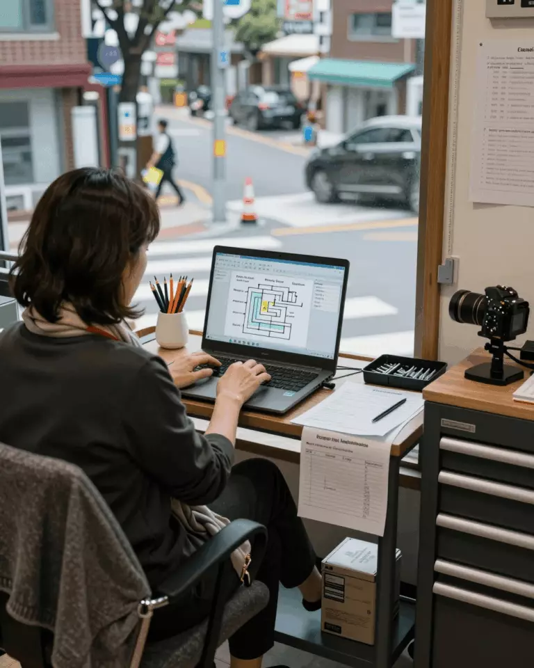 a Korean woman in her late 20s preparing online for 수업, 연습 및 작문 복습을 통해 IELTS 밴드 점수를 향상시키는 방법