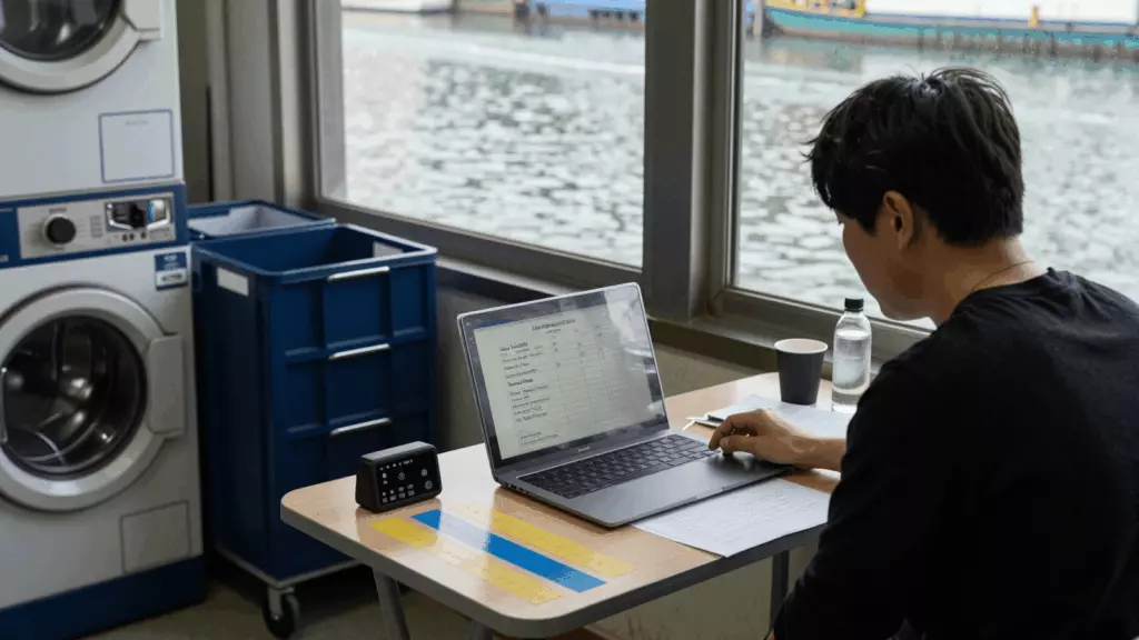 a Korean woman in her late 20s working through 연습