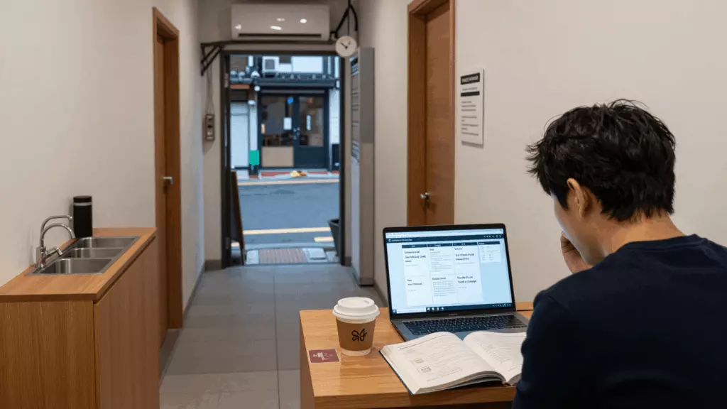 a Korean woman in her late 20s reviewing an IELTS online course workflow