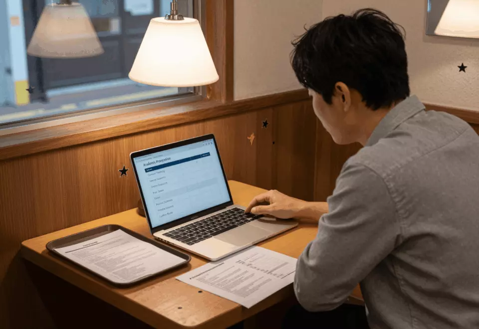 a Korean woman in her late 20s choosing the next IELTS prep step online