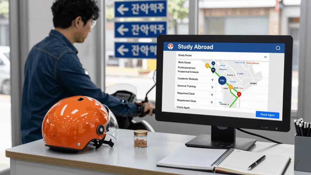 a Korean woman in her late 20s reviewing an IELTS online course workflow