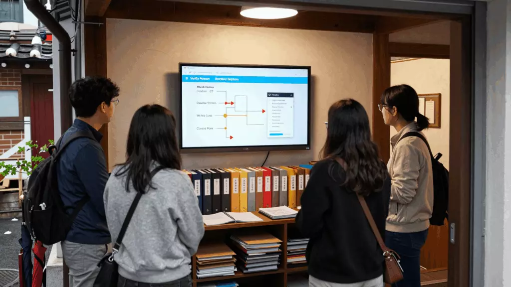 a Korean woman in her late 20s reviewing an IELTS online course workflow