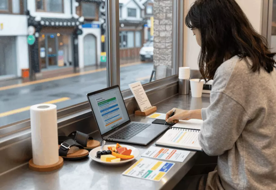 a Korean woman in her late 20s choosing the next IELTS prep step online