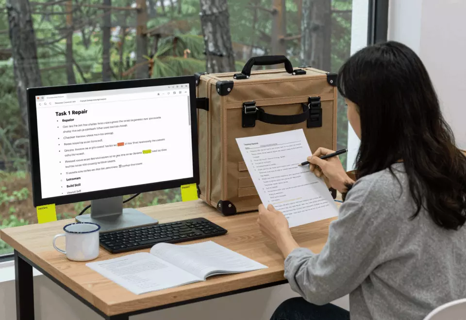 a Korean woman in her late 20s choosing the next IELTS prep step online