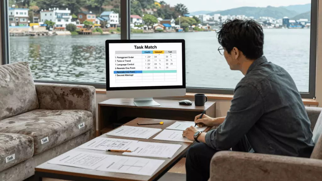 a Korean woman in her late 20s reviewing an IELTS online course workflow