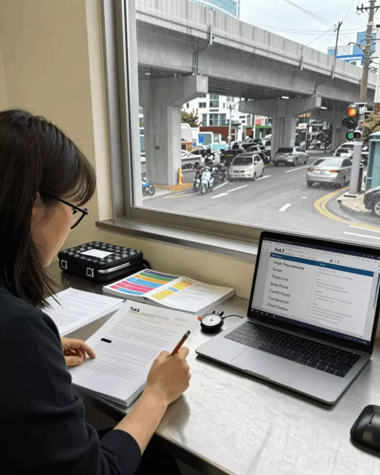 a Korean woman in her late 20s preparing online for IELTS Writing Task 2 코스 가이드: 에세이, 아이디어, 구조 및 밴드 점수