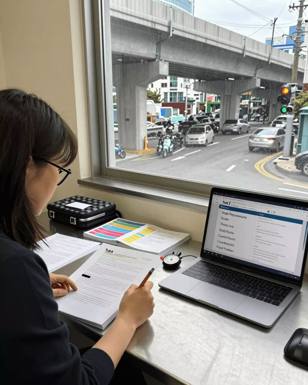 a Korean woman in her late 20s preparing online for IELTS Writing Task 2 코스 가이드: 에세이, 아이디어, 구조 및 밴드 점수