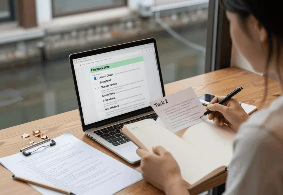 a Korean woman in her late 20s choosing the next IELTS prep step online