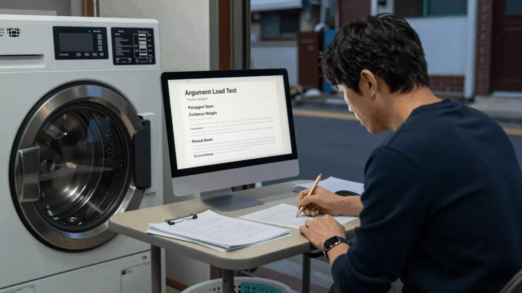 a Korean woman in her late 20s reviewing an IELTS online course workflow