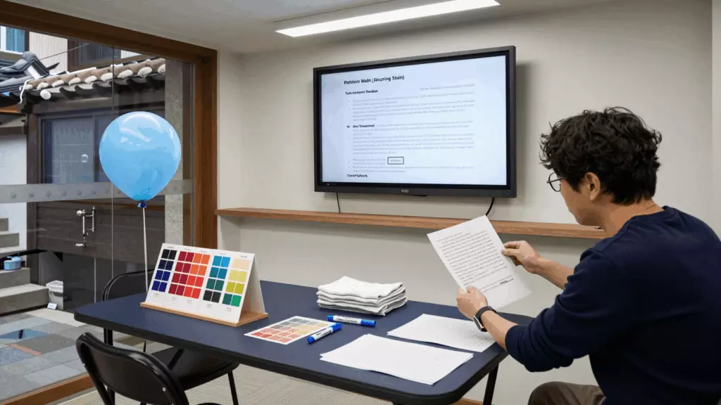 a Korean woman in her late 20s reviewing an IELTS online course workflow