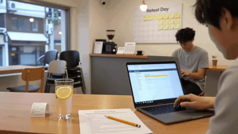 a Korean woman in her late 20s preparing online for 무료 IELTS 모의고사: 연습 시험을 올바르게 사용하는 방법