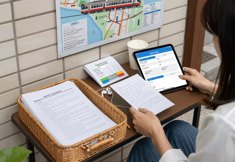 a Korean woman in her late 20s choosing the next IELTS prep step online