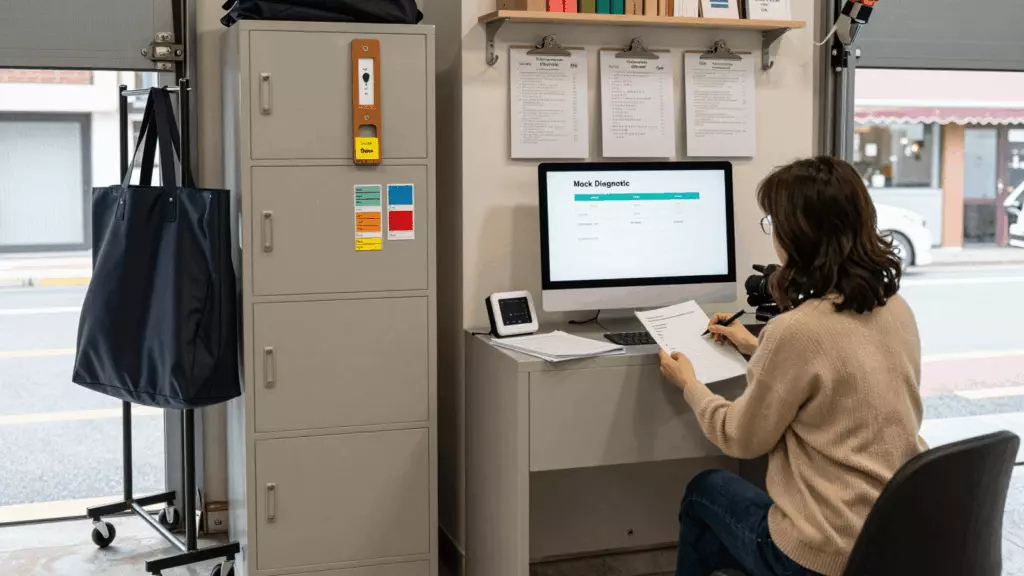 a Korean woman in her late 20s reviewing an IELTS online course workflow