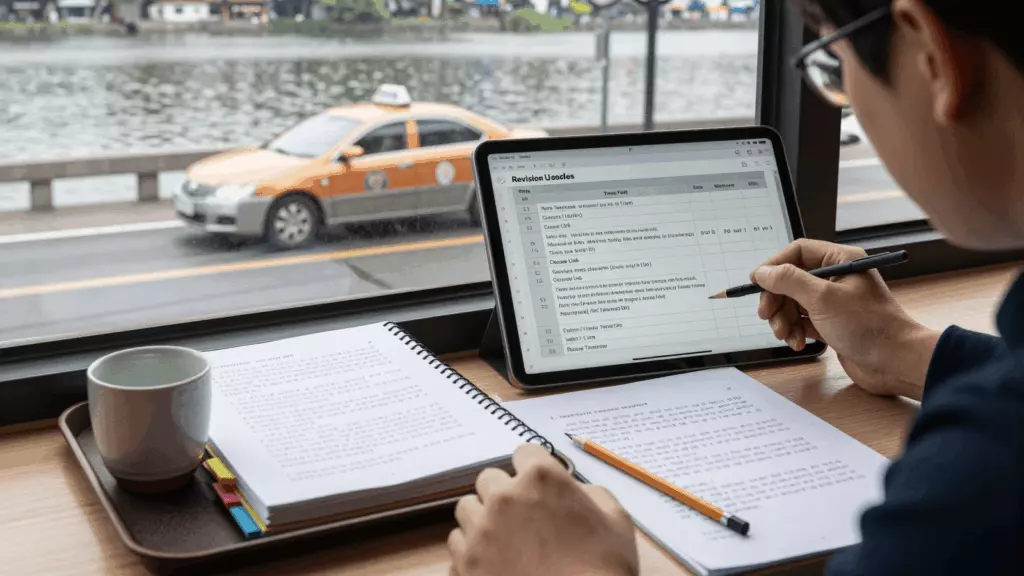 a Korean woman in her late 20s reviewing an IELTS online course workflow