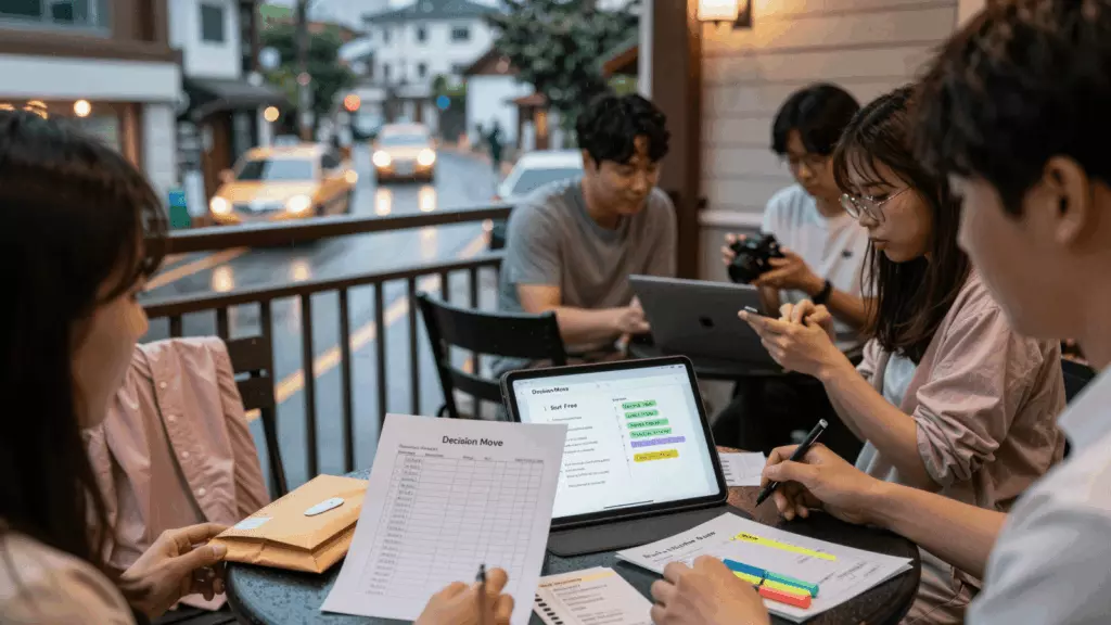 a Korean woman in her late 20s working through 결정