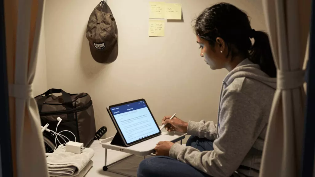 a Nepali woman in her late 20s working through अध्ययन