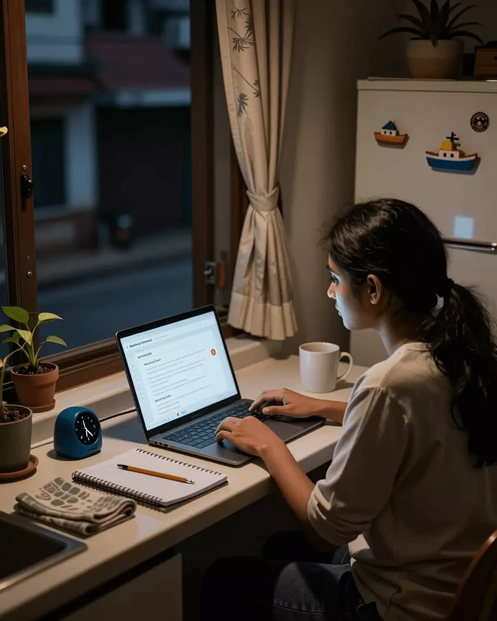 a Nepali woman in her late 20s preparing online for IELTS अभ्यास परीक्षण अनलाइन: नक्कली परीक्षण, स्कोर, र परीक्षा तयारी