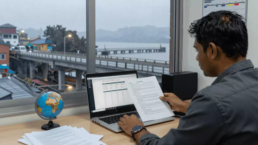 a Nepali woman in her late 20s reviewing an IELTS online course workflow