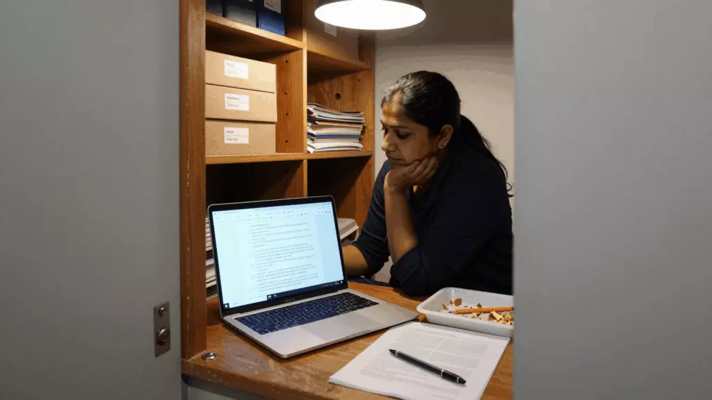 a Nepali woman in her late 20s working through संशोधन