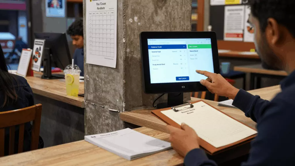 a Nepali woman in her late 20s reviewing an IELTS online course workflow