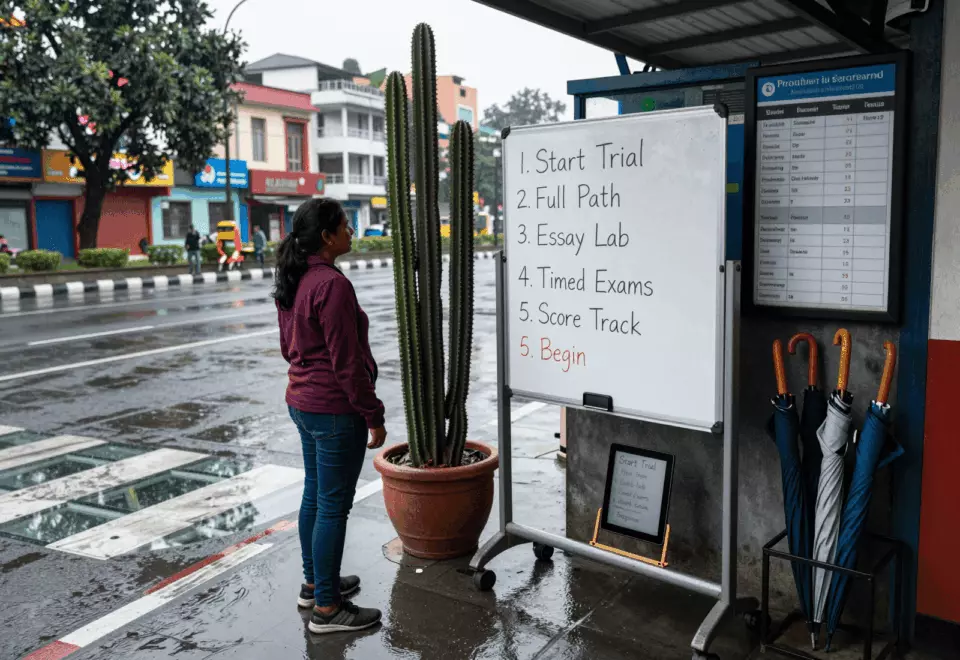 a Nepali woman in her late 20s choosing the next IELTS prep step online
