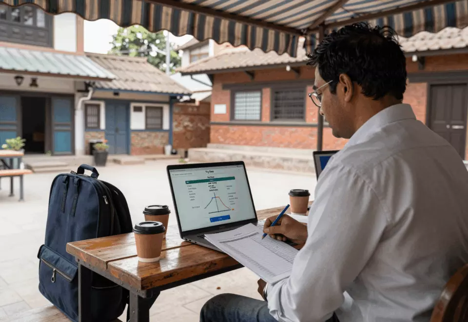 a Nepali woman in her late 20s choosing the next IELTS prep step online
