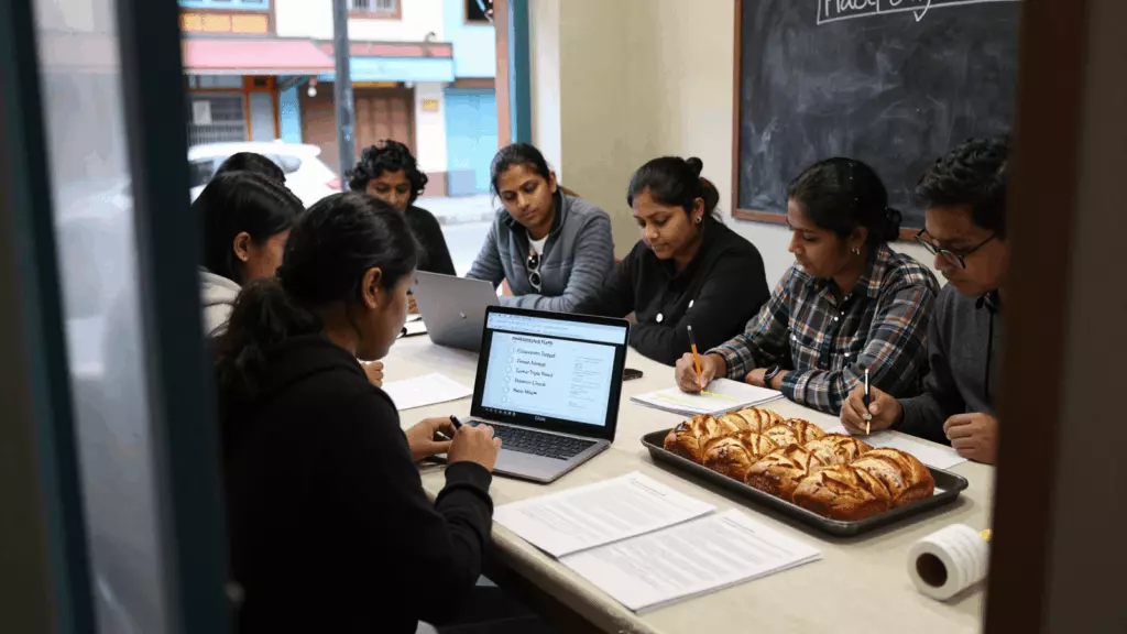 a Nepali woman in her late 20s reviewing an IELTS online course workflow