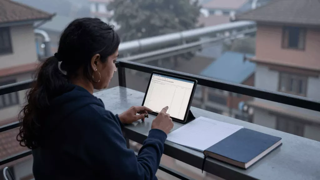 a Nepali woman in her late 20s working through स्थिर बनाउनुहोस्